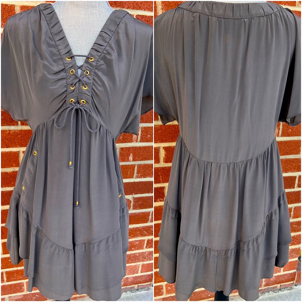 Leifsdottir for Anthropologie 100% Silk Taupe Dress with Pockets! Size 6/Small